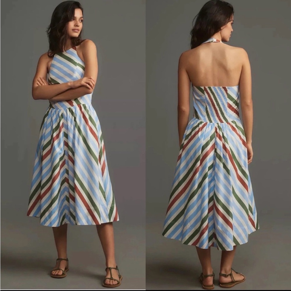 NWT Anthropologie Maeve Halter Midi Dress XL Striped $168 Blue White A-Line